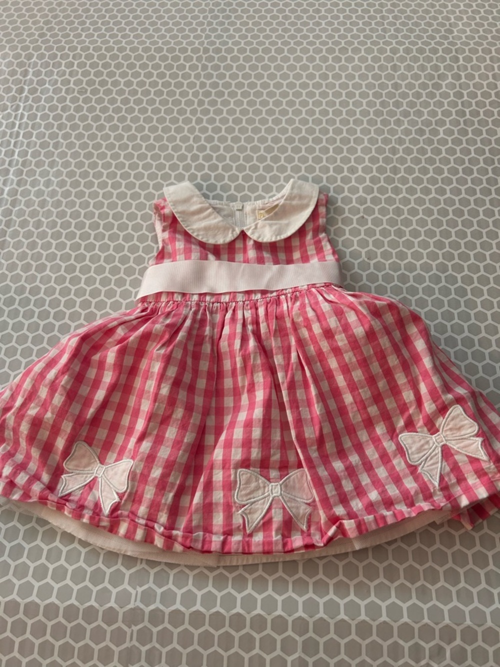 Place 89 Pink White Gingham Peter Pan Collar Dress Bow Appliqués Petticoat 6-9M